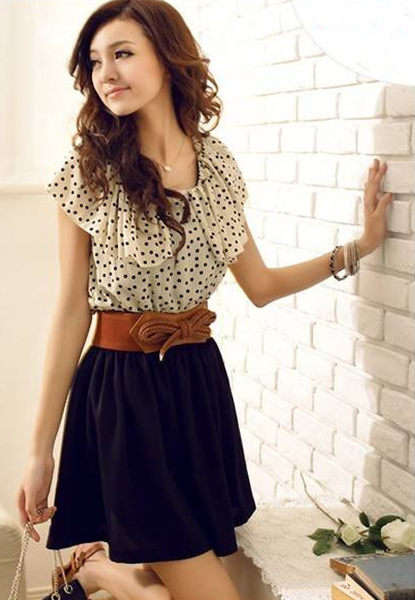 Elegant Polka Dot Dress With Belt  (Detachable)